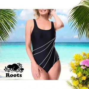 NWOT Roots, Black & White Contour Line One Piece Swimsuit, Size 14  ☀️